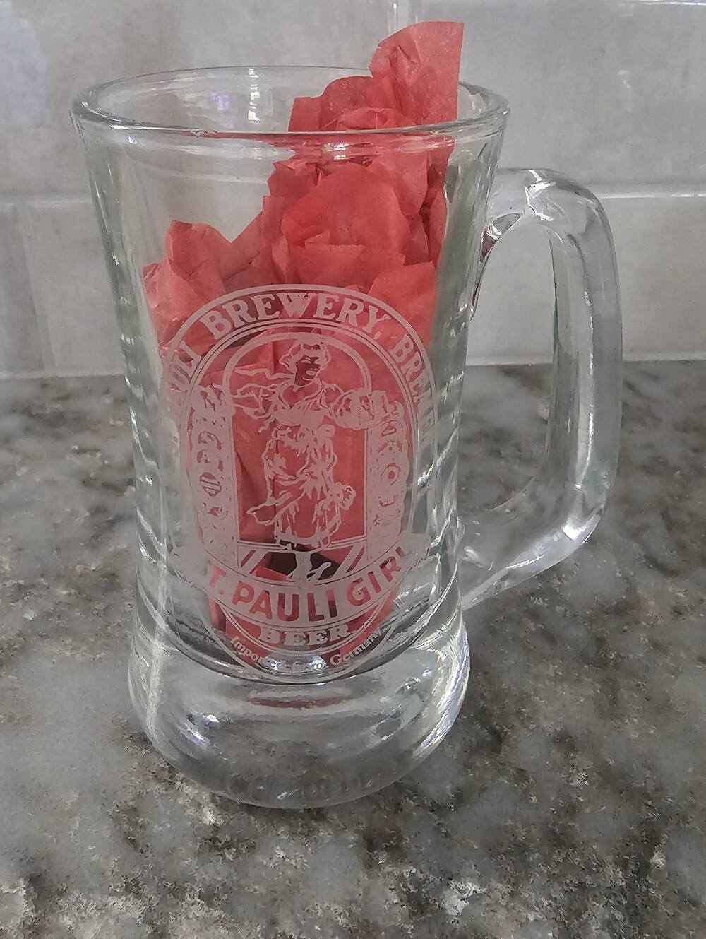 Vintage St Pauli Girl Beer Mug Glass Clear Pink Logo Handled Stein 5" Germany